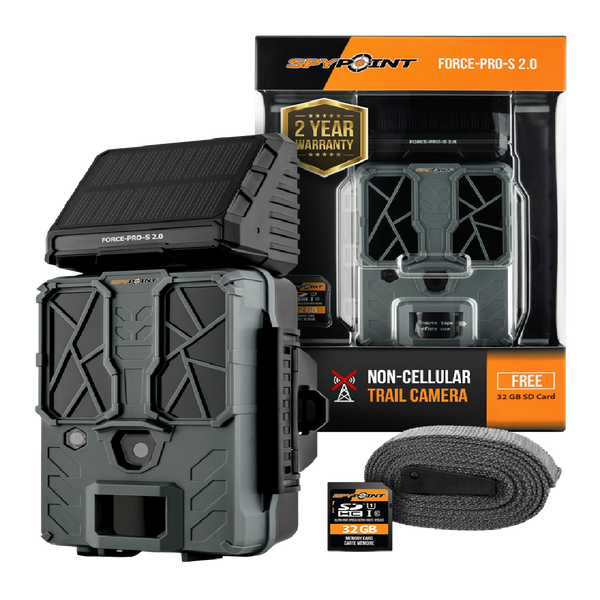 SPYPOINT Force-PRO-S 2.0 Solar Trail Camera, Non-Cellular, Integrated Solar Panel, 0.2S Trigger Speed,110 ft Detection Range, 4K/2K/1080p Video Modes, 48MP Photos, Internal Battery Supply