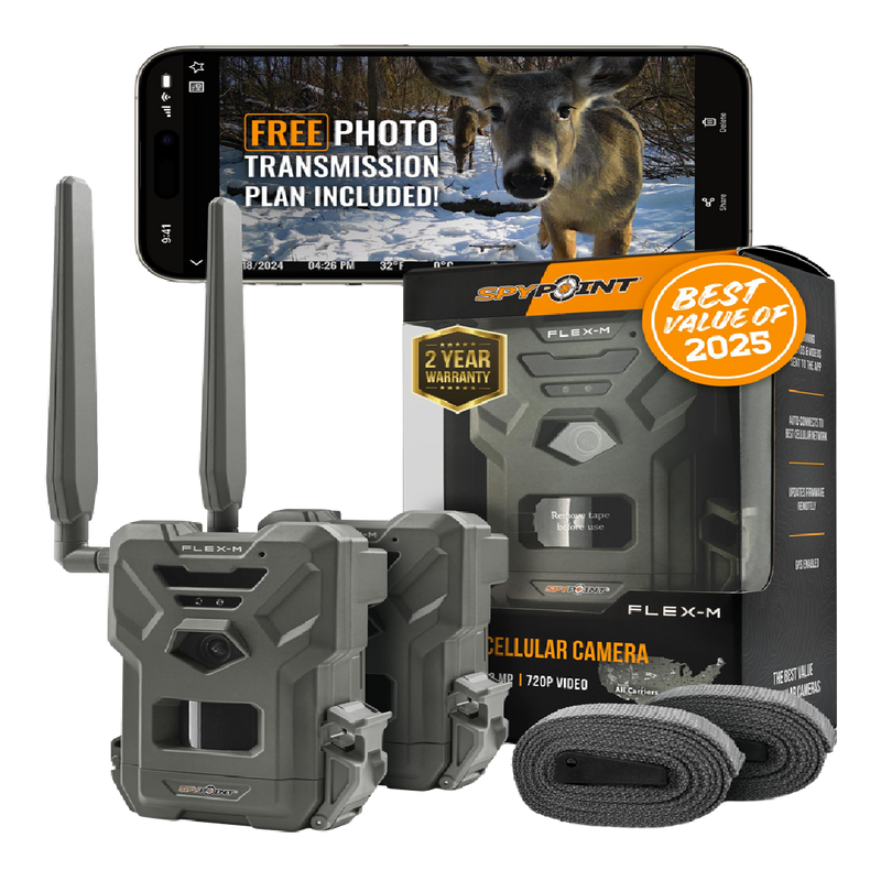 SPYPOINT Flex-M Twin Pack Cellular Trail Cameras - Best Hunting Accessories, No WiFi Needed, GPS, Night Vision, Dual-Sim LTE, IP65 Water-Resistant Game Camera, 28MP Photos, 720p Videos + Sound (2)