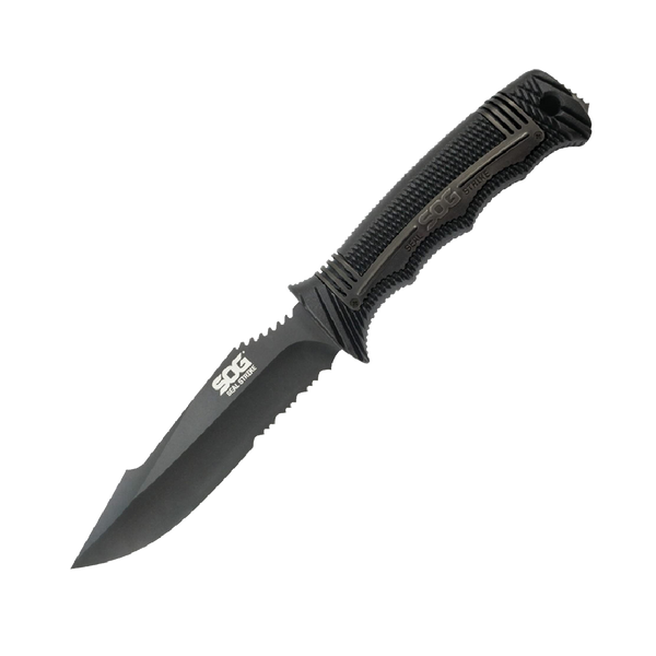 SOG Seal Strike Fixed Blade Knife with Sheath- Tactical and Hunting Knife with 4.9 Inch Partially Serrated Bowie Knife Blade and Survival Knife Line Cutter (SS1003-CP)