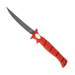 BUBBA 7" Tapered Flex Folding Knife with Non-Slip Grip Handle, Offset Full Tang Stainless Steel Blade, Lanyard Hole and Synthetic Sheath for Fishing