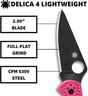 Spyderco Delica 4 Lightweight Knife with CPM S30V Premium Black Steel Blade and Brilliant Pink FRN Handle - PlainEdge - C11FPPNS30V