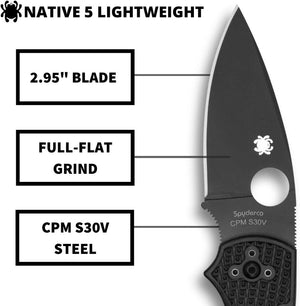 Spyderco Native 5 Signature Knife with 2.95" CPM S30V Black Steel Blade and Black FRN Handle - PlainEdge - C41PBBK5