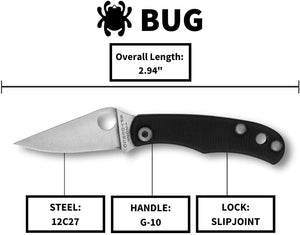 Spyderco Bug Micro-Sized Slipjoint Knife with 1.27 Inch 12C27 Steel Blade and Durable G-10 Black Handle - PlainEdge - C133GBKP