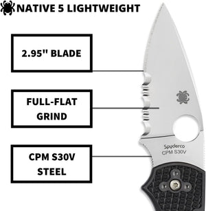 Spyderco Native 5 Lightweight Folding Utility Pocket Knife with 2.95 Inch CPM S30V Steel Blade and Black FRN Handle - CombinationEdge - C41PSBK5