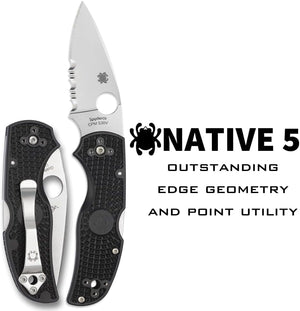 Spyderco Native 5 Lightweight Folding Utility Pocket Knife with 2.95 Inch CPM S30V Steel Blade and Black FRN Handle - CombinationEdge - C41PSBK5