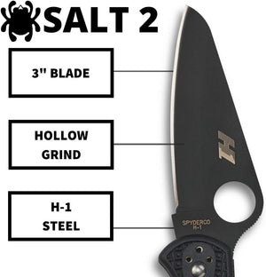 Spyderco Salt 2 Lightweight Knife with 3" H-1 Ultra-Corrosion Resistant Steel Blade and Black FRN Handle - PlainEdge - C88PBBK2