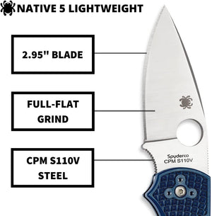 Spyderco Native 5 Lightweight Folding Knife with 2" CPM S110V Steel Blade and FRN Handle - PlainEdge - C41PDBL5
