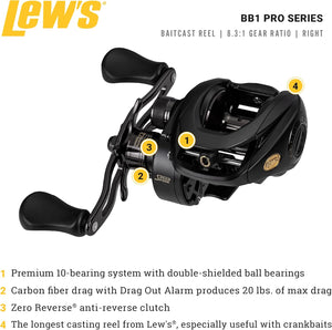 Lew's BB1 Pro Baitcast Fishing Reel, 10 Bearing System with Stainless Steel Double Shielded Ball Bearings