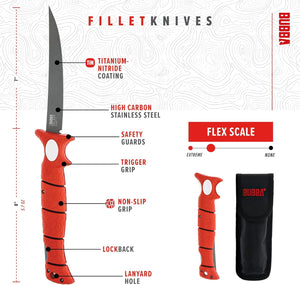 BUBBA 7" Tapered Flex Folding Knife with Non-Slip Grip Handle, Offset Full Tang Stainless Steel Blade, Lanyard Hole and Synthetic Sheath for Fishing