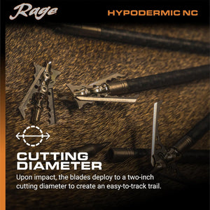 Rage Hypodermic NC 2-Blade 100gr Hunting Broadhead (R38100), Hybrid Tip, No Collar Blade Lock.035” Thick Swept-Back Angled Blades with a 2” Cutting Diameter, Machined Stainless Steel Ferrule, 3-Pack